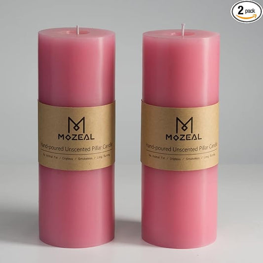 MOZEAL 3" x 8" Hand-Poured Unscented Large Candle,Smokeless Rustic Pillar Candle Set of 2,Slow Burn,No Drip,Approx 150 Hours Burning,Wedding,Dinner,Christmas and Home Decorative,Tall Pink Candle