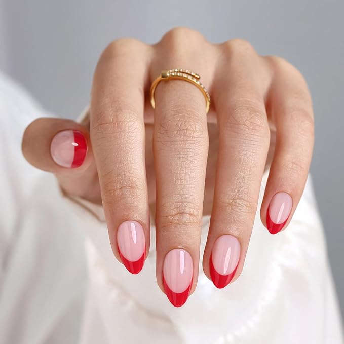 Red French Tip Press on Nails Short - Soft Gel Almond Nails for Women Gift, Fit Perfectly & Natural Glue on Nails with Glue in 16 Sizes - 32 Reusable Fake Nails, Red French