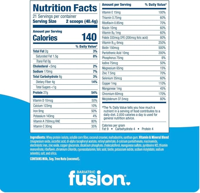 Bariatric Fusion Unflavored Meal Replacement 27g Protein Powder, 21 Serving Tub for Bariatric Surgery Patients Including Gastric Bypass and Sleeve Gastrectomy - No Gluten, Aspartame or Sugar