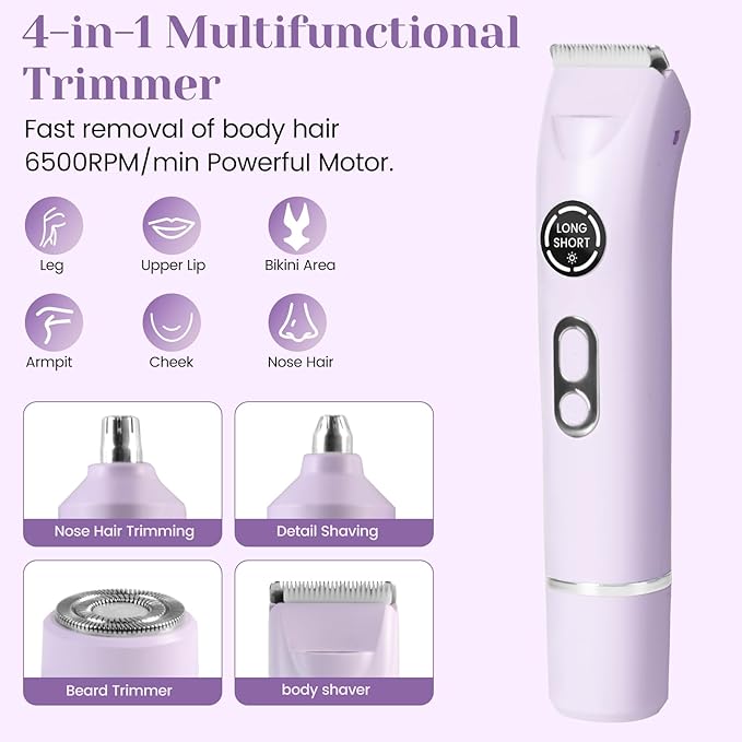 Bikini Trimmer for Women Dermave Bikini Shaver 4 in 1 Pubic Hair Trimmer, Razor for Women Private Area with Dual Heads IPX7 Waterproof, Electric Shaver for Nose Eyebrows Beard Underarm Leg Arm