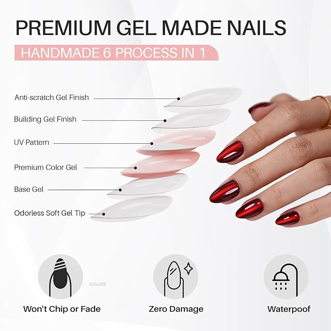 Dark Red Cat Eye Press on Nails Almond - Soft Gel Short Press on Nails for Women Gift, Glossy Glue on Nails in 16 Sizes - 32 Reusable Fake Nails with Glue, Wine