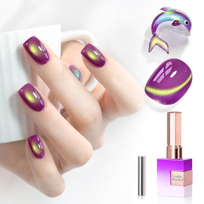 Double Rhythm 0.5 OZ Cat Eye Gel Polish with Magnet 15ML Holographic Glitter Shimmer Translucent Jelly Color Magnetic Nail Polish Salon DIY at Home (Golden Purple-MC1257)