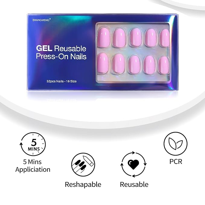 Pink Press on Nails Oval for Women Gift - Soft Gel Press on Nails Short with Glue, Fit Perfectly & Natural Glue on Nails in 16 Sizes - 32 Reusable Fake Nails, Pink