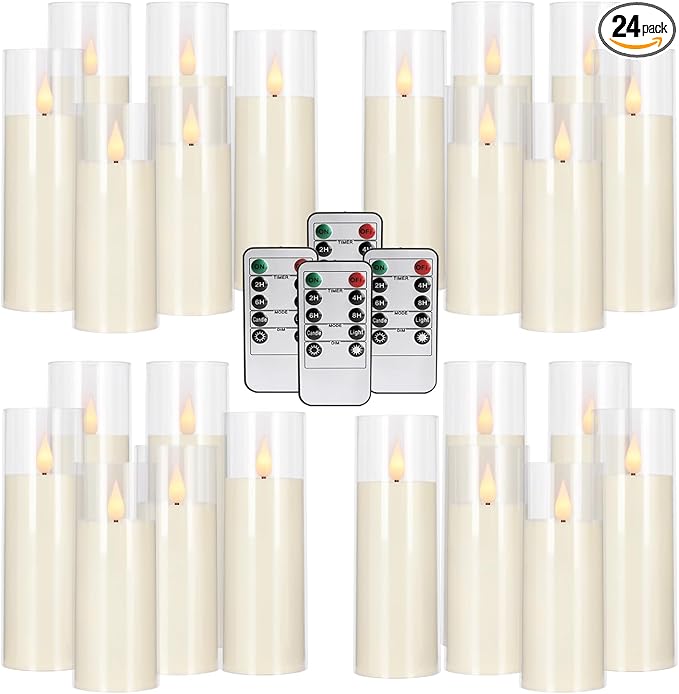 24-Pack Acrylic LED Flameless Pillar Candles with Remote & Timer, Battery Powered - Perfect for Indoor/Outdoor Decor,Wedding,BBQ and Gift - Easily Create a Magical Atmosphere.(Ivory)