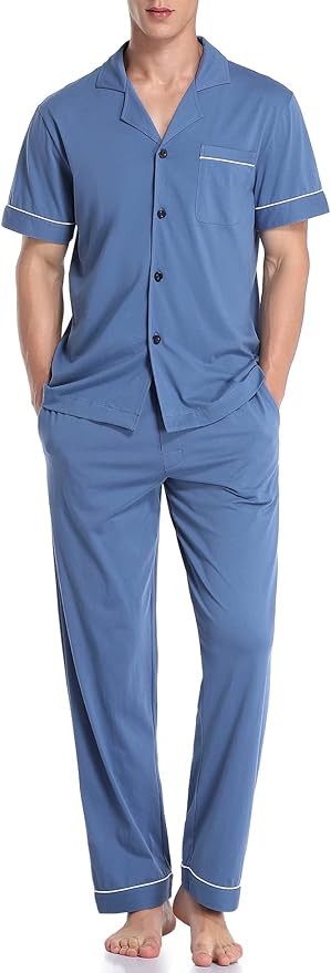 COLORFULLEAF Men's 100% Cotton Pajamas Set Button Down Sleepwear Short Sleeve and Long Pants Pjs