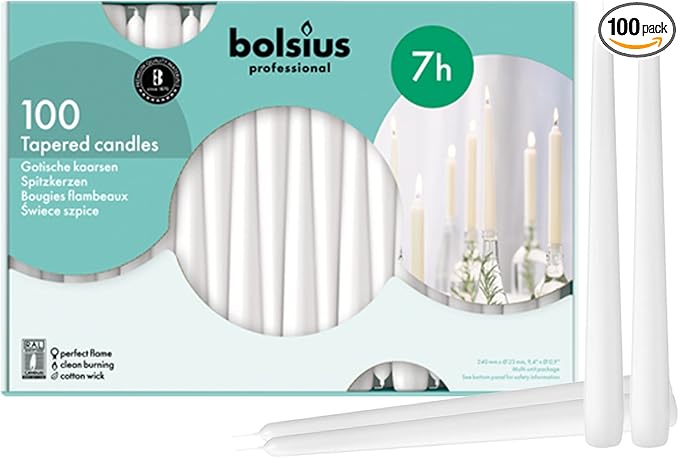 BOLSIUS White Taper Candles 100 Count Bulk Pack - 10 Inch Dinner Candle Set - 7+ Burn Hours - Premium European Quality - Smooth Flame - 100% Cotton Wick - Smokeless & Dripless Household Candlesticks