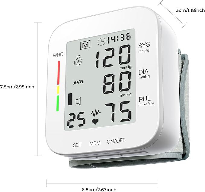 MMIZOO Wrist Blood Pressure Monitor Large LCD Display BP Machine Adjustable Cuff 5.31-7.68 inch Automatic 99x2 Sets Memory with Carrying Case for Home Use (W1681)