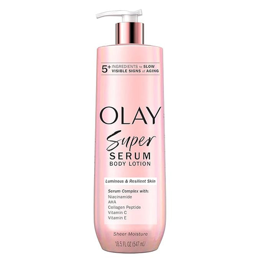 Olay Super Serum Hand & Body Lotion for Dry Skin, 24hr Long Lasting Hydration, 5+ Ingredient Serum Complex for Bright Even Firm Luminous Skin, Sweet Vanilla & Soft Wood Scent, 18.5 fl oz