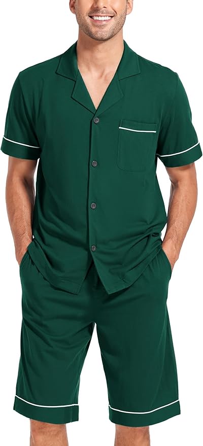 COLORFULLEAF Men's 100% Cotton Short Sleeve Pajama Sets Button Down Notched Collar Sleepwear Soft Lounge Pjs with Pockets