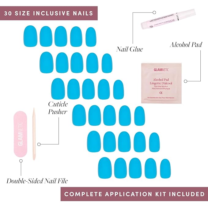 Glamnetic Press On Nails - Azure Blue | Opaque Bright Blue Short Round Fake Nails, Salon Quality | 12 Sizes - 30 Nail Kit