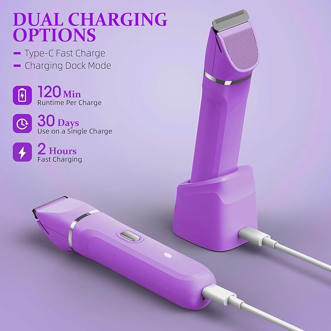 5-in-1 Bikini Trimmer for Women, IPX7 Waterproof Electric Razors Shaver, Cordless Body Hair Trimmer, Facial & Pubic Hair Removal, Ceramic Blade (Eggplant)