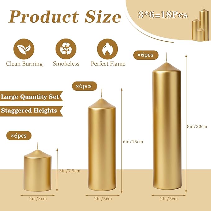 18 Pcs Gold Pillar Candles Bulk Set，Hurricane Candles，3 Different Lengths (6 Each)，Dripless Unscented Smokeless，Suitable for Decorating Christmas, Weddings, and Other Events！