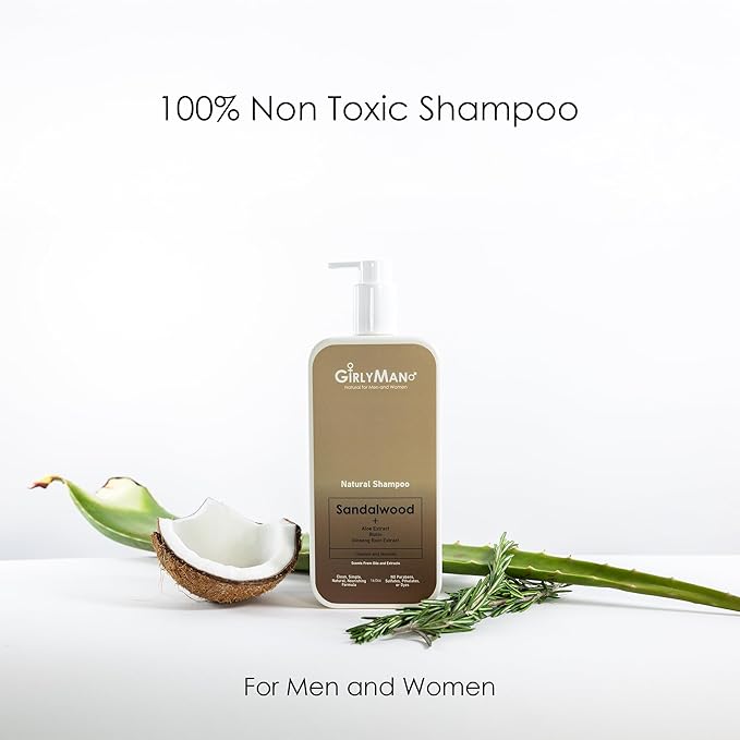 GirlyMan Natural Non Toxic Shampoo-Made with Olive Oil, Argan Oil, & Biotin, No Artificial Fragrance, Nourishing Ingredients, For All Hair Types, Family Owned (Sandalwood)