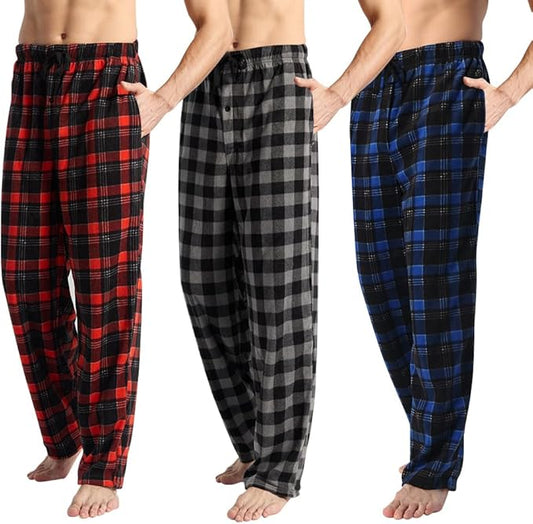 3 Pack Men's Fleece Pajama Pants Bottoms– Lounge Sleepwear Plaid PJs with Pockets and Button Fly