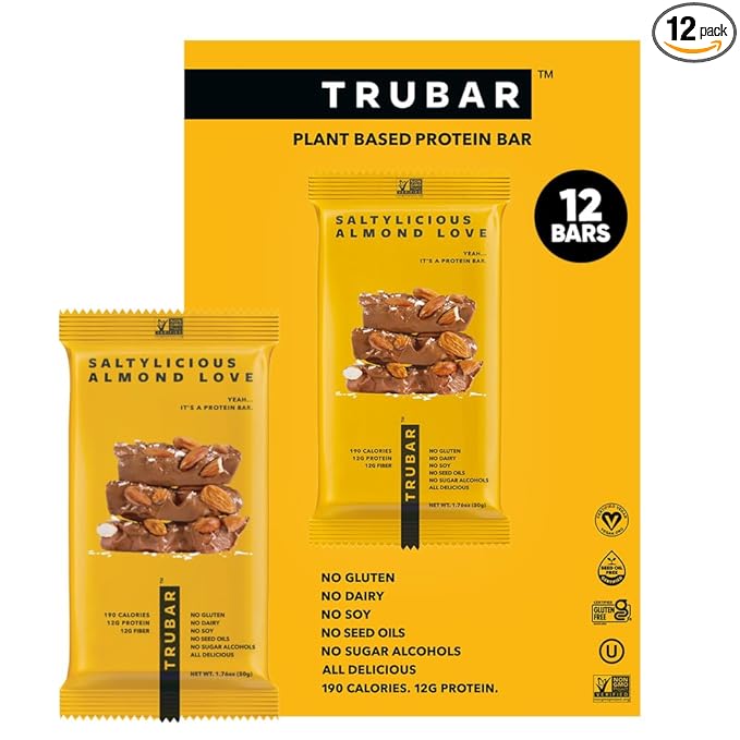TRUBAR Vegan Protein Bar, Saltylicious Almond Love, Gluten Free, Plant Based, High Fiber, Dairy Free, Low Fat, Non GMO, No Sugar Alcohols, 12G Lean Protein, 13G Fiber, Healthy Snack Bars, 12 CT