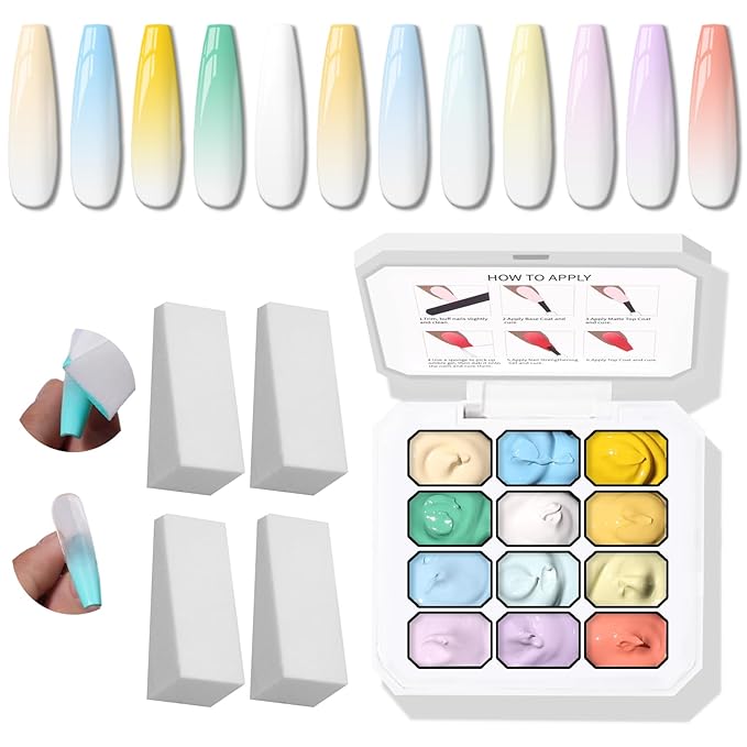 Sponge Pat Gel Nail Polish Palette, 12 Colors Blending Ombre Gel Polish Gradient Painting Nails Art, No Wipe, UV/LED Cured (12 Colors A)