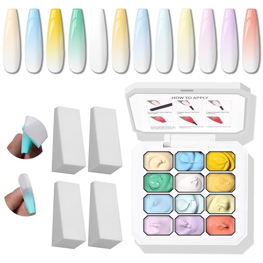 Sponge Pat Gel Nail Polish Palette, 12 Colors Blending Ombre Gel Polish Gradient Painting Nails Art, No Wipe, UV/LED Cured (12 Colors A)