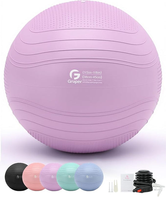 Gruper Yoga Ball, Extra Thick Exercise Ball for Workout Pregnancy Stability - 4 Sizes Anti Burst Balance Ball for Yoga, Pilates, Fitness, Birthing, Physical Therapy - Includes Pump