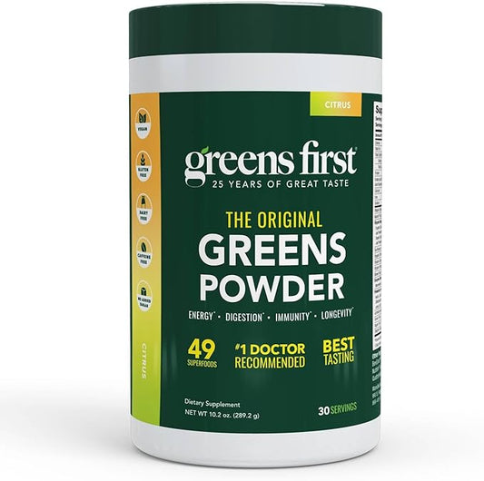 Greens First Original Greens Powder - 49 Superfoods - Organic Fruits & Veggies - Prebiotics, Probiotics & Digestive Enzymes - Antioxidant Smoothie - Dairy Free/Vegan/Non-GMO (Citrus, 30 Servings)