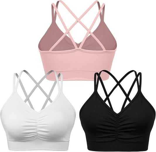 Women's Cross Back Sports Bra Padded Strappy Medium Support Yoga Bra for Workout Fitness 3 Pack