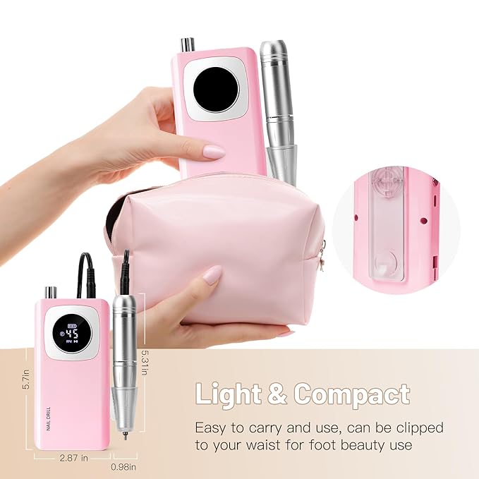 Rechargeable Electric Nail File Professional: Madenia 45000RPM Portable Efile Nail Drill Kit, Cordless E File Nail Drill Machine for Acrylic Gel Nails Salon Home Manicure Use, Pink