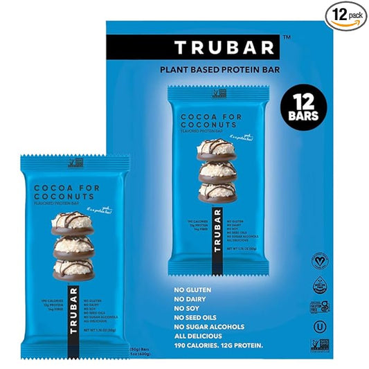 TRUBAR Vegan Protein Bar, Cocoa For Coconuts, Gluten Free, Plant Based Protein, Dairy Free, Non GMO, Soy Free, No Sugar Alcohols, 12G Protein, 12G Fiber, 23G Carb, On the Go Snack Bars, 12ct