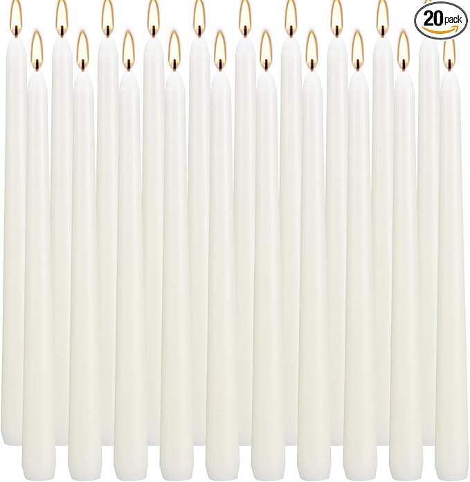 20 Ivory 10 Inch Unscented Smokeless Taper Candles with Cotton Wick, 7+ Hours of Long Lasting Burn, Great for Halloween,Home Decor & Parties, Beautiful Gifts!