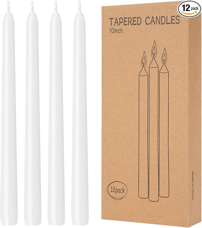 12 Pack White Taper Candles 10 inch - Taper Candles Dripless, Smokeless, Unscented - 8 Hours Long Burning - Hand Poured Tall Candlesticks - Perfect for Home Decor, Weddings, and Special Occasions