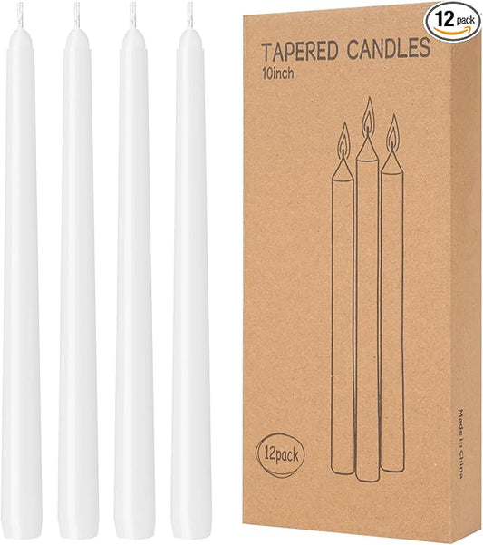 12 Pack White Taper Candles 10 inch - Taper Candles Dripless, Smokeless, Unscented - 8 Hours Long Burning - Hand Poured Tall Candlesticks - Perfect for Home Decor, Weddings, and Special Occasions