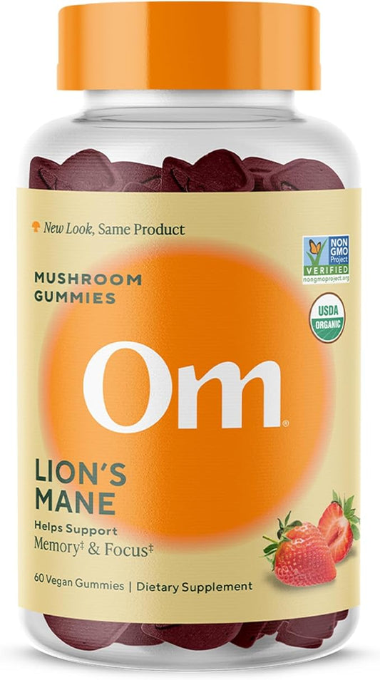 Om Lion’s Mane Mushroom Gummies - Organic Mushroom Supplement and Nootropic - Brain Supplements for Memory and Focus, 60 Count (30 Servings)
