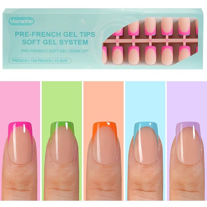 150Pcs French Gel Nail Tips, Vansiho Short Square Nail Tips, Pre-French Tips Press on Nails, Acrylic Fake Nails for Nail Art DIY 15 Sizes