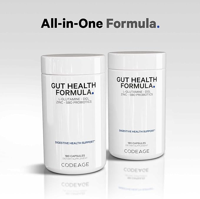 Codeage Gut Health Supplements Vegan Formula - L Glutamine, Zinc, Turkey Tail Mushroom Powder, Tonic Mushroom, Maitake, Micro Algae, Mineral, Licorice Root DGL - Probiotics, Prebiotics - 180 Capsules