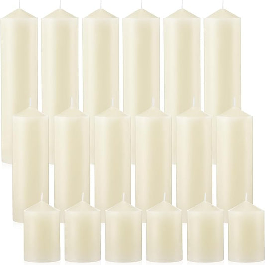 MTLEE 18 Pcs Set of 3 Pillar Candles Bulk 2 in x 3, 6, 8 Long Burning Clean Unscented Smokeless Pillar Candles for Wedding Emergency Lanterns Ceremony Party (Ivory White)