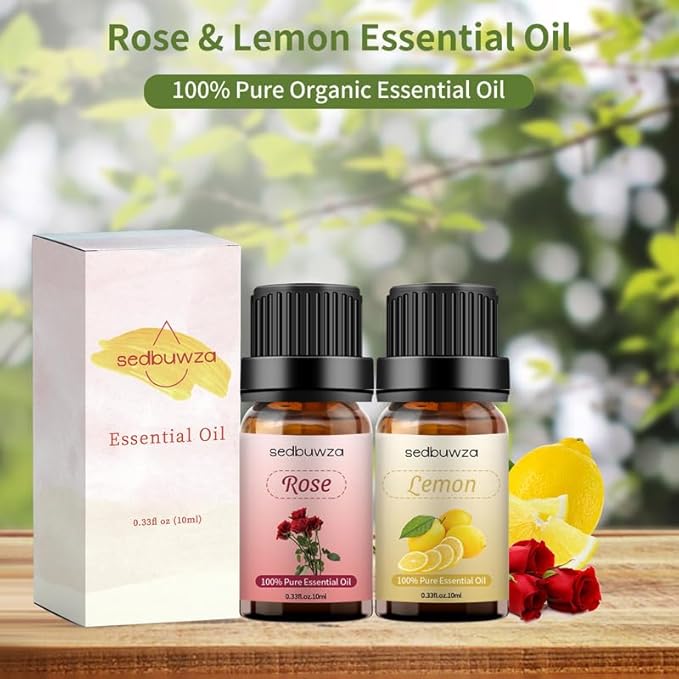 Sedbuwza Rose Lemon Essential Oil Set, Rose Fragrance Oil Lemon Scent Oil Set for Diffuser, Aromatherapy, Massage, Soap, Candle Making 2 x 10 ml