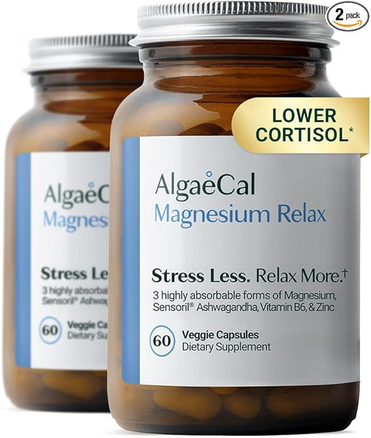 AlgaeCal Magnesium Relax™ - Chelated Magnesium with Ashwagandha for Sleep & Occasional Anxiety - Glycinate, Malate, Citrate - Sleep, Mood, & Cortisol Support (120 Caps - 2 Months Supply)