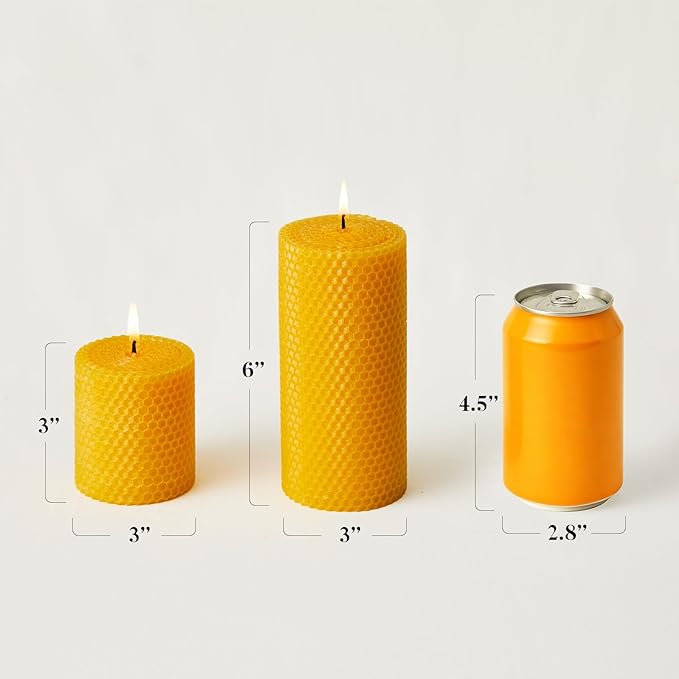Beeswax Pillar Candles, 3x6 Inch -Set of 3 Hand-Rolled Honeycomb Candle - Long Burning 135+ Hours, Dripless Smokeless Unscented Handmade Beeswax for Home Decor, Prayer, Wedding,SPA