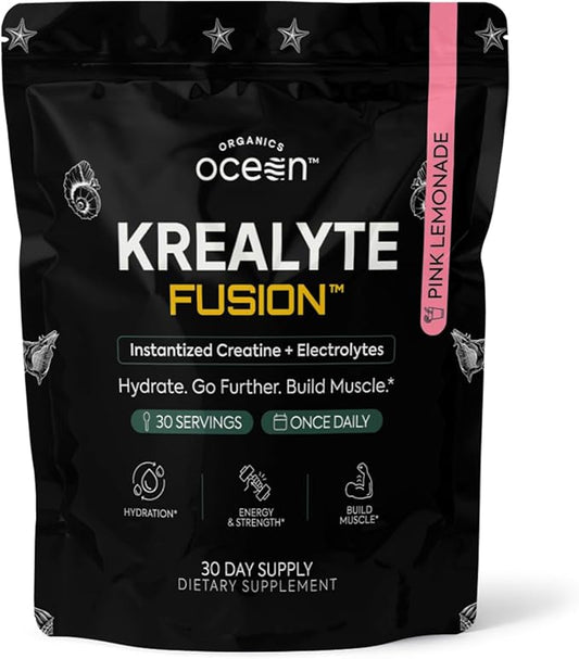Organics Ocean Krealyte Fusion - Instantized Creatine Monohydrate Powder with Electrolytes - Muscle Strength, Endurance & Hydration Support - Vegan, Sugar-Free, Pink Lemonade Flavor - 30 Servings