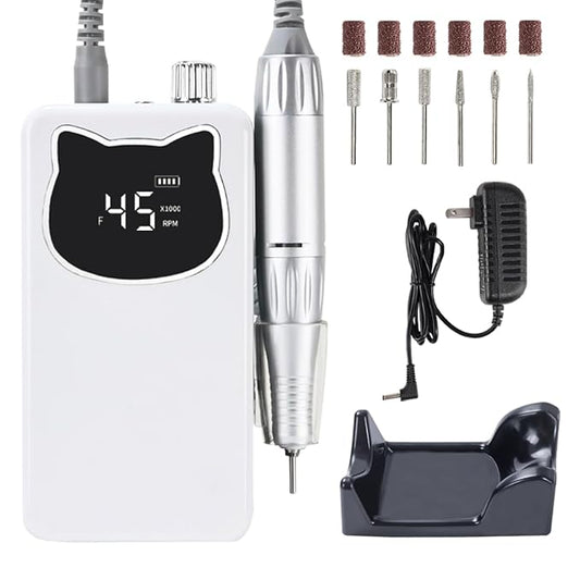 Professional Nail Drill File 45000RPM Electric Portable Nails Drills Kit with Rechargeable 7 uñas Bits Cordless Efile for Poly Gel Acrylic Nails Remover Home Salon Pedicure Manicure Tool (White)