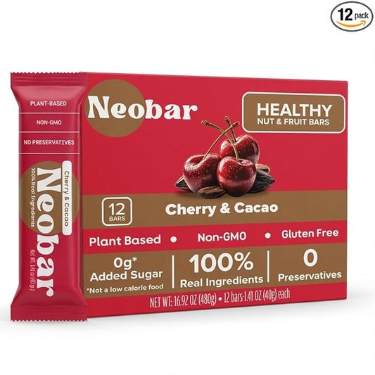 NEOBAR Fruit and Nut Bars - Plant-Based Vegan Snack Bars, Gluten Free Dairy Free Snacks, No Added Sugar, No Preservatives, Non-GMO | Cherry & Cacao,12 Count