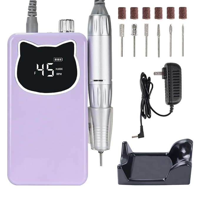 Professional Nail Drill File 45000RPM Electric Portable Nails Drills Kit with Rechargeable 7 uñas Bits Cordless Efile for Poly Gel Acrylic Nails Remover Home Salon Pedicure Manicure Tool (Purple)