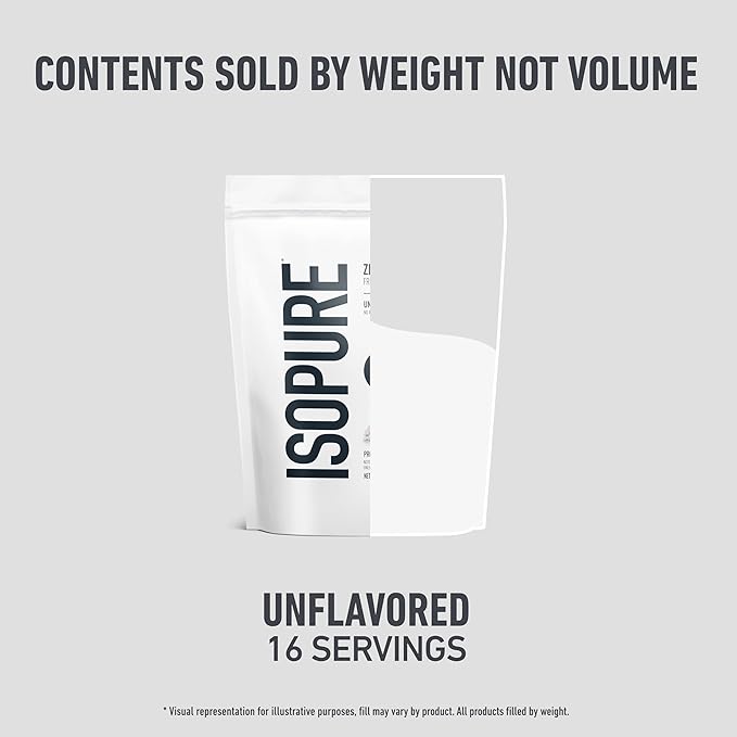 Isopure Zero Carb 100% Pure Whey Isolate Protein Powder, Lactose Free, Gluten Free, with Vitamins, Unflavored, 25g Protein Per Serving, 1 Lb, 16 Servings (Packaging May Vary)