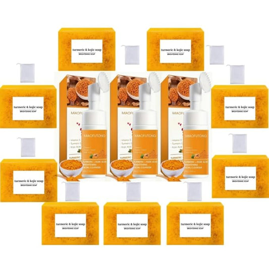 Turmeric Wash and Care 12Piece Set, Facial Cleanser & Soap Bar,Face & Body Cleanser, Face Wash and Natural Handmade Soap,for All Skin Types，Bring a Bubble Net
