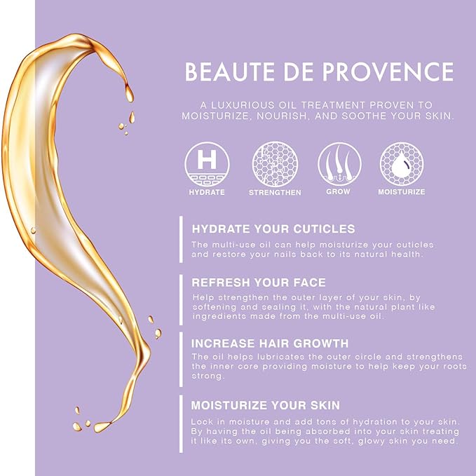 BEAUTE DE PROVENCE Lavender Multi-Use Oil for Face, Body and Hair - Organic Blend of Apricot, Vitamin E, Fractionated Coconut and Sweet Almond Oil Moisturizer for Dry Skin, Scalp and Nails - 4 Fl Oz