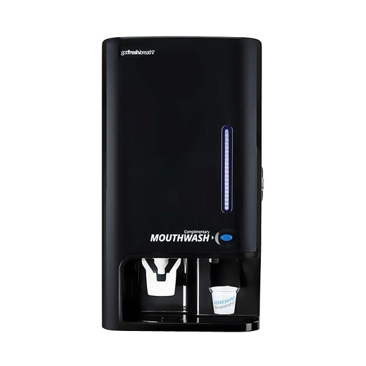 GotFreshBreath Manual Mouthwash Dispenser with Cup Holder – Standing or Wall-Mounted, Slim, Commercial Mouthwash Dispenser with 100 Cups & 50 Oz. Alcohol-Free Mouthwash (Black)…