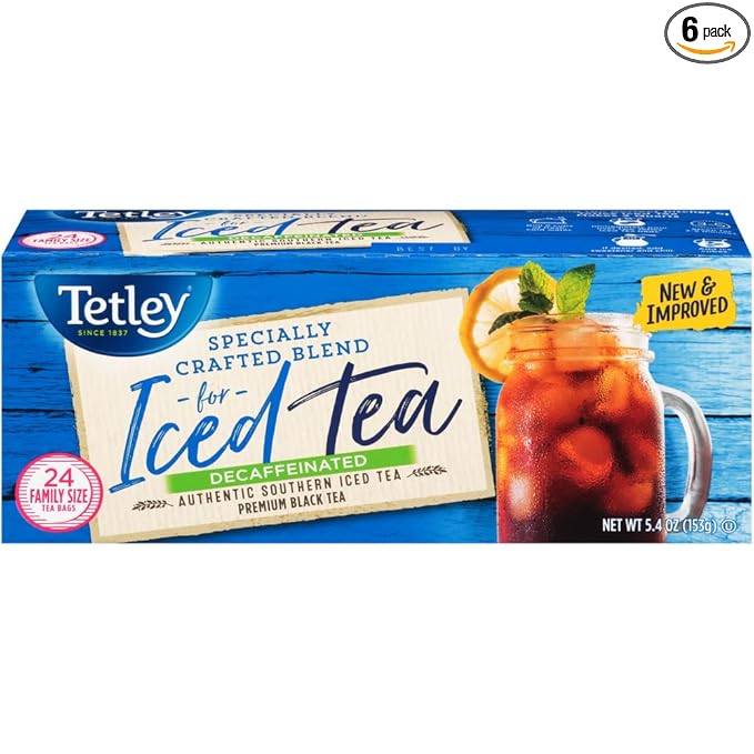 Tetley Black Tea, Decaffeinated Iced Tea Blend, Family Size, 24 Teabags (Pack of 6) - Packaging May Vary