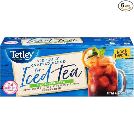 Tetley Black Tea, Decaffeinated Iced Tea Blend, Family Size, 24 Teabags (Pack of 6) - Packaging May Vary
