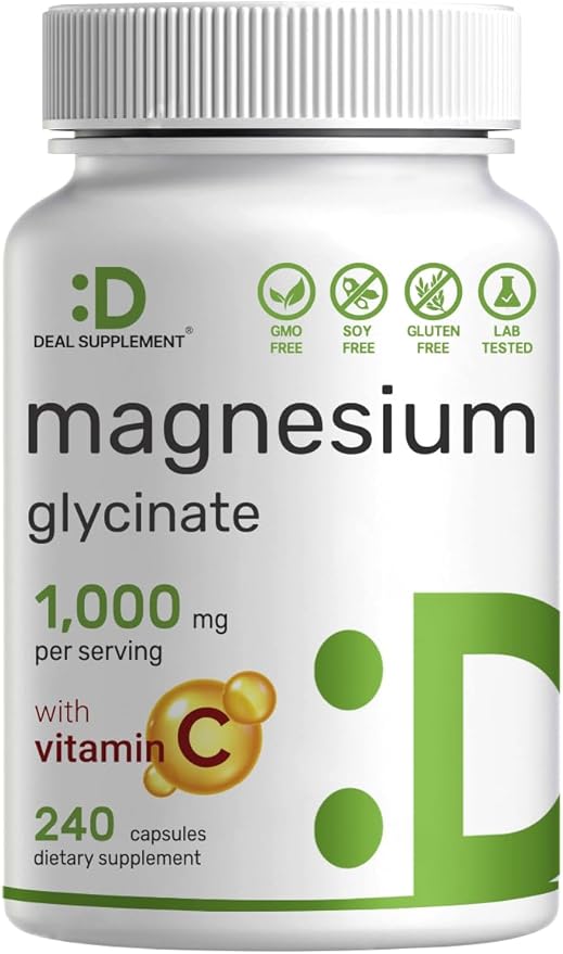 Magnesium Glycinate 500mg Per Capsule (1000mg Per Serving) Plus Vitamin C, 240 Capsules – 100% Chelated for Easy Absorption – Essential Mineral Supplement for Muscle, Sleep, & Heart Health
