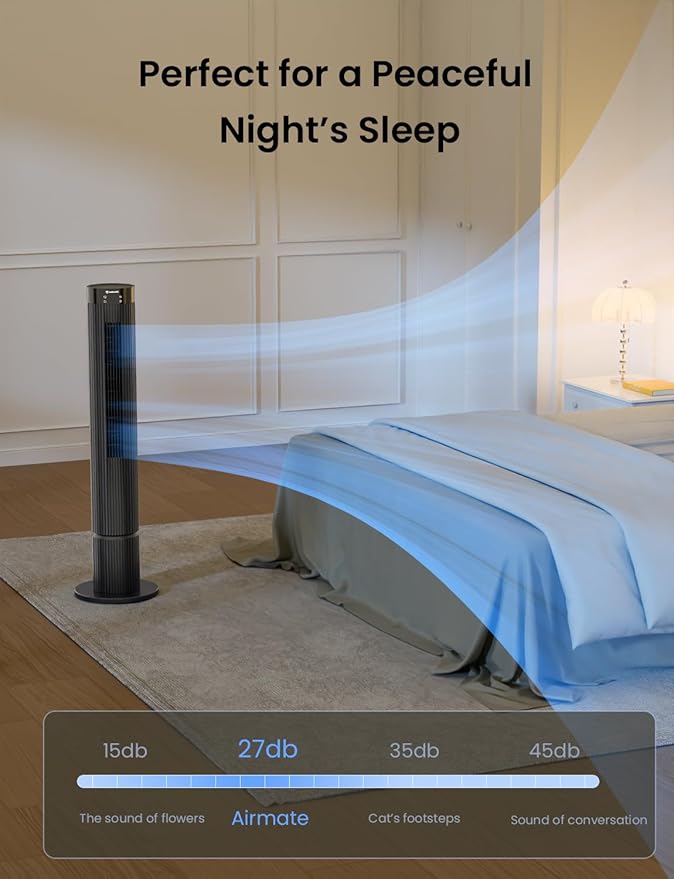 AIRMATE Super High Air Volume Tower Fan, 43" Height, 36 ft/s Velocity, 12 Speeds, 3 Mode, 12H Timer, Remote & Digital Display, 75° Oscillating Standing Fan with Upgraded Blower for Home & Office, Grey