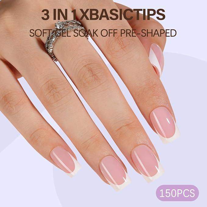 Misssix XBASICTIPS French Tip Press On Nails, 150Pcs French Gel Nail Tips Short Square, Soft Gel Pre-shaped No Need to File 3 in 1 Tips, Fake Nails for Nail Art DIY Extension Designs 15 Sizes