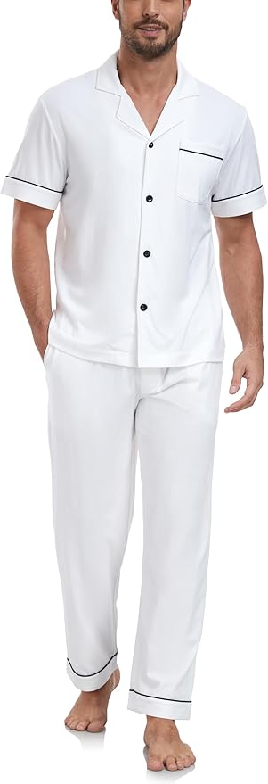 COLORFULLEAF Men's 100% Cotton Pajamas Set Button Down Sleepwear Short Sleeve and Long Pants Pjs